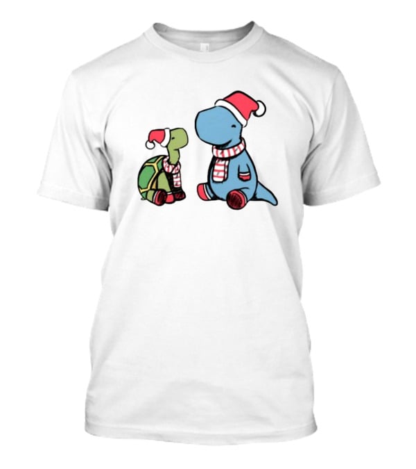 Christmas Tortoise And Dino Santa Hats And Scarves T-Shirt