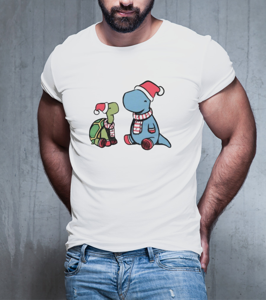 Christmas Tortoise And Dino Santa Hats And Scarves T-Shirt