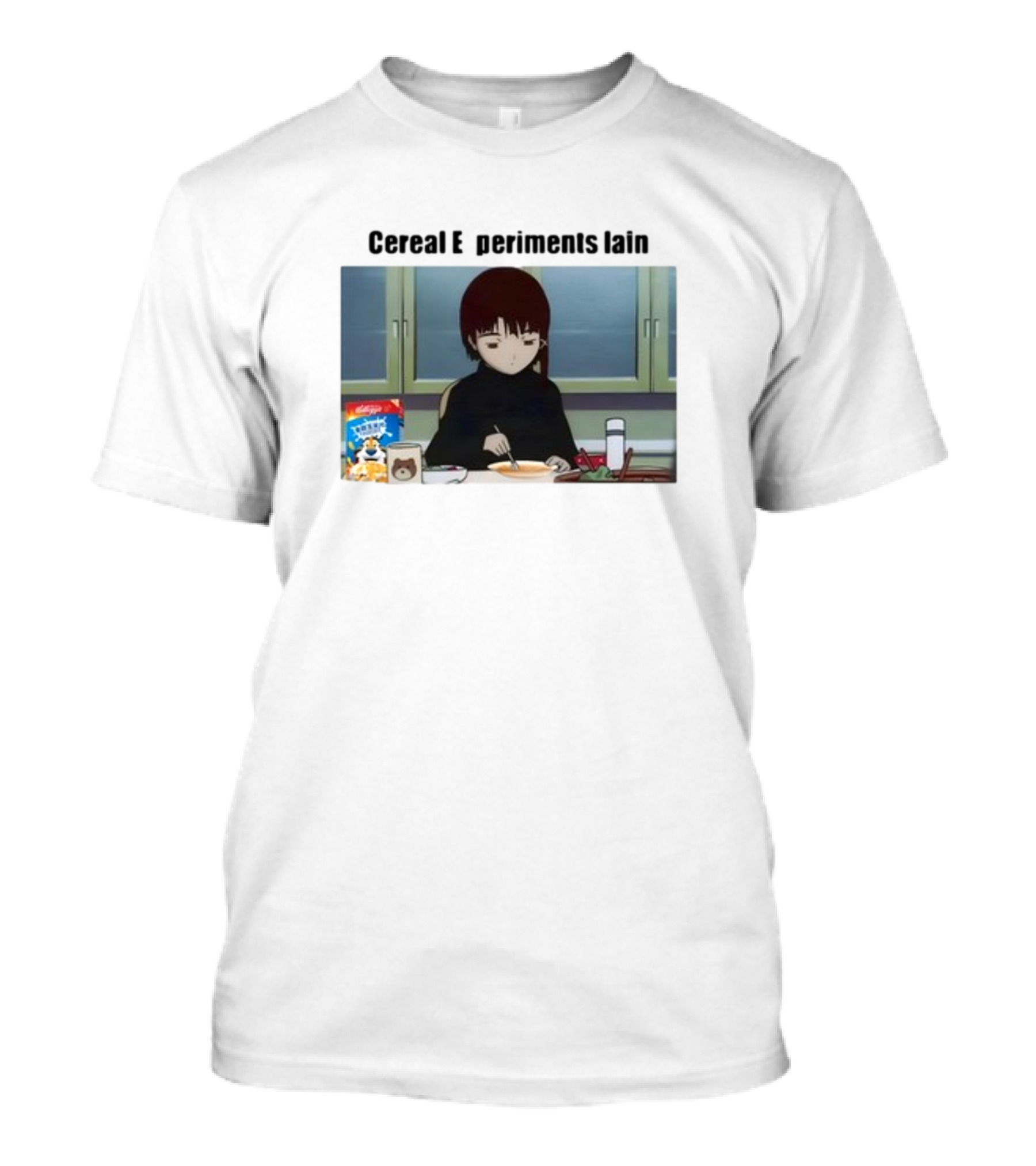 Cereal Experiments Lain Goofyahhtees Breakfast Scene With Cartoon Cereal Box T-Shirt