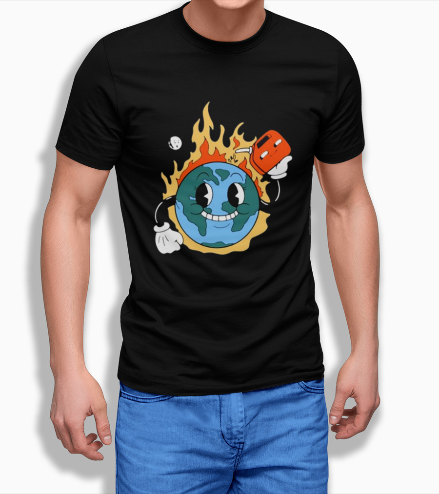 World On Fire Earth Cartoon Holding Gas Can Burning T-Shirt