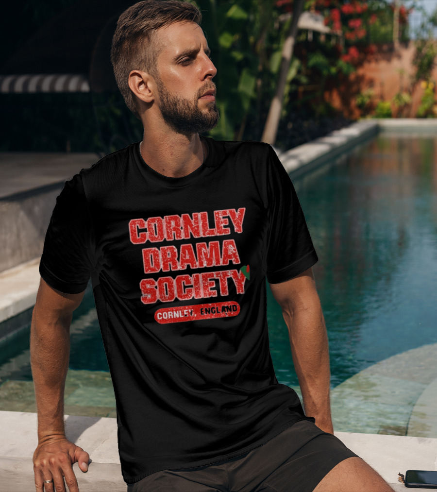 Cornley Drama Society England Red Distressed Text With Holly Leaf T-Shirt