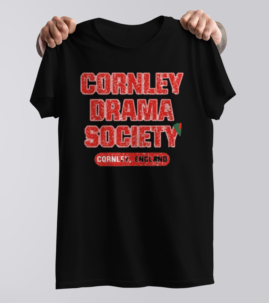 Cornley Drama Society England Red Distressed Text With Holly Leaf T-Shirt