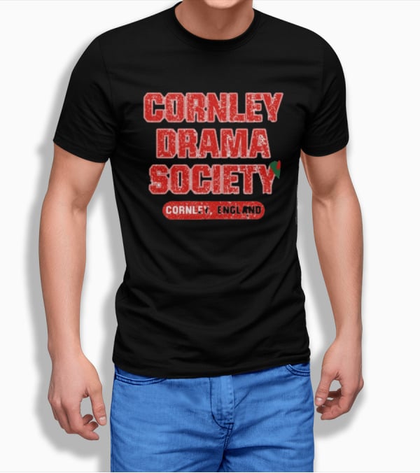 Cornley Drama Society England Red Distressed Text With Holly Leaf T-Shirt