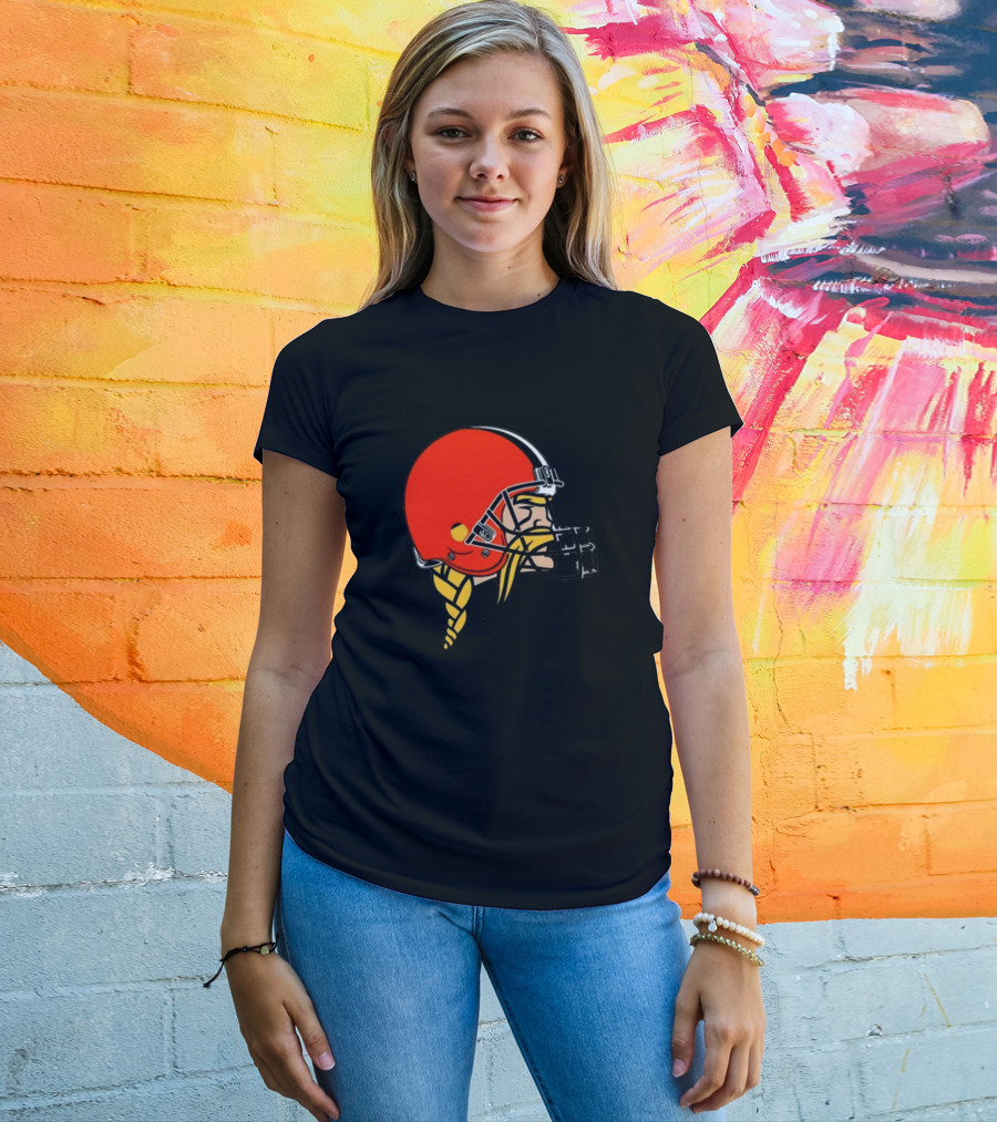 Vikings Helmet Featuring Browns Colors And Iconic Braided Warrior T-Shirt