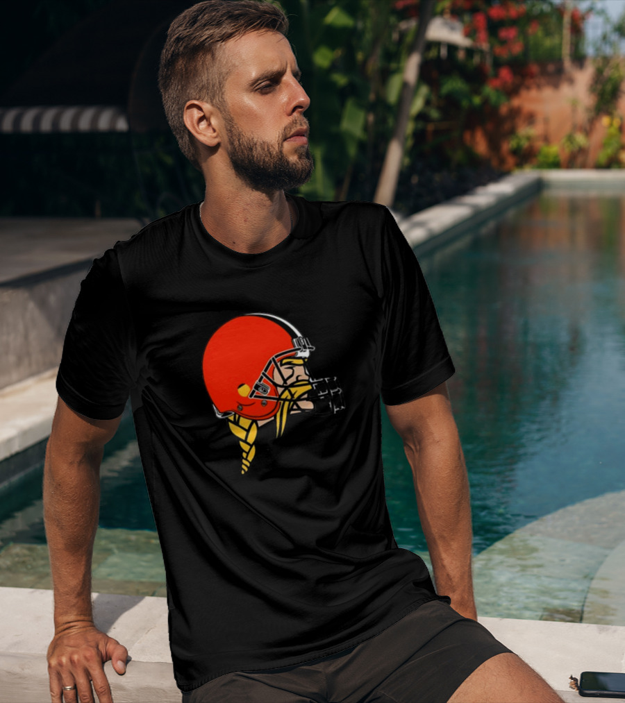 Vikings Helmet Featuring Browns Colors And Iconic Braided Warrior T-Shirt