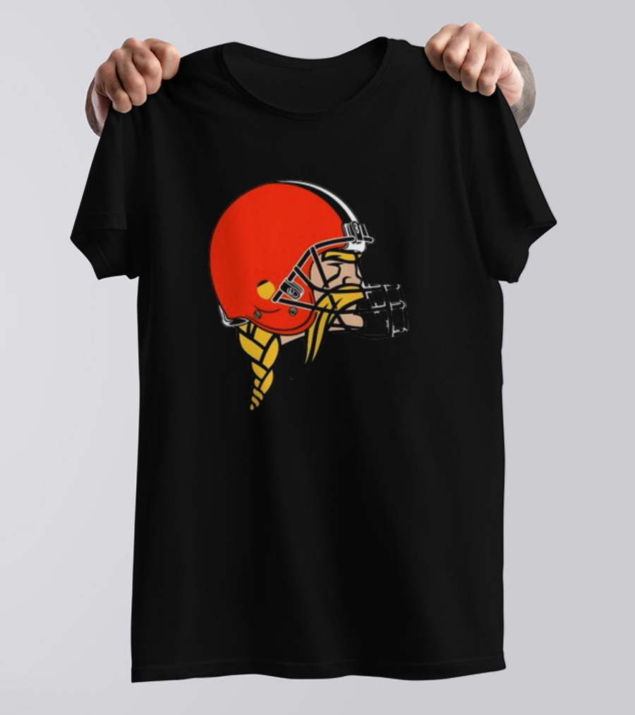 Vikings Helmet Featuring Browns Colors And Iconic Braided Warrior T-Shirt
