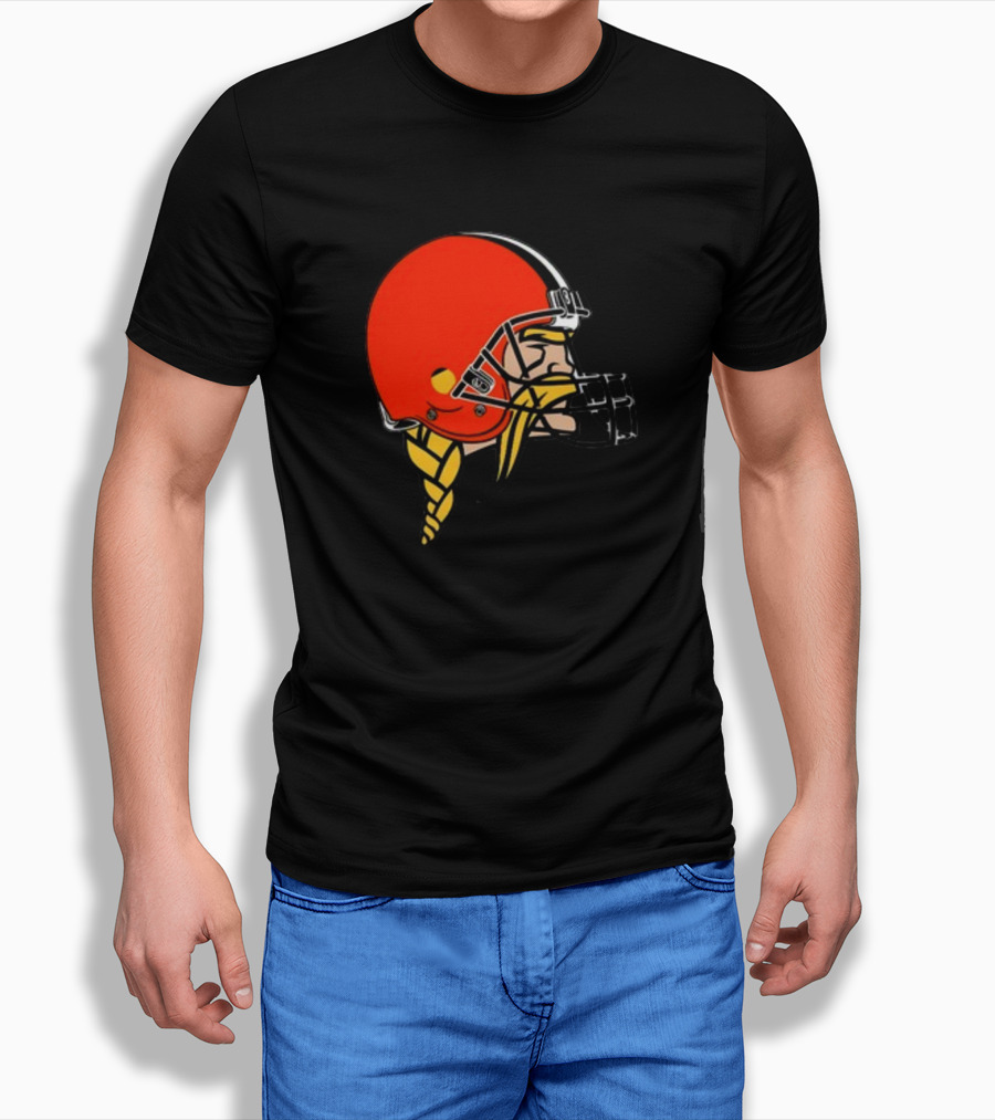 Vikings Helmet Featuring Browns Colors And Iconic Braided Warrior T-Shirt