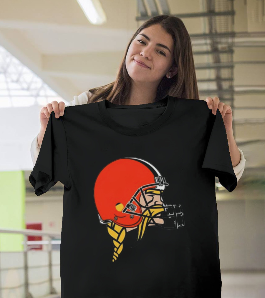 Vikings Helmet Featuring Browns Colors And Iconic Braided Warrior T-Shirt