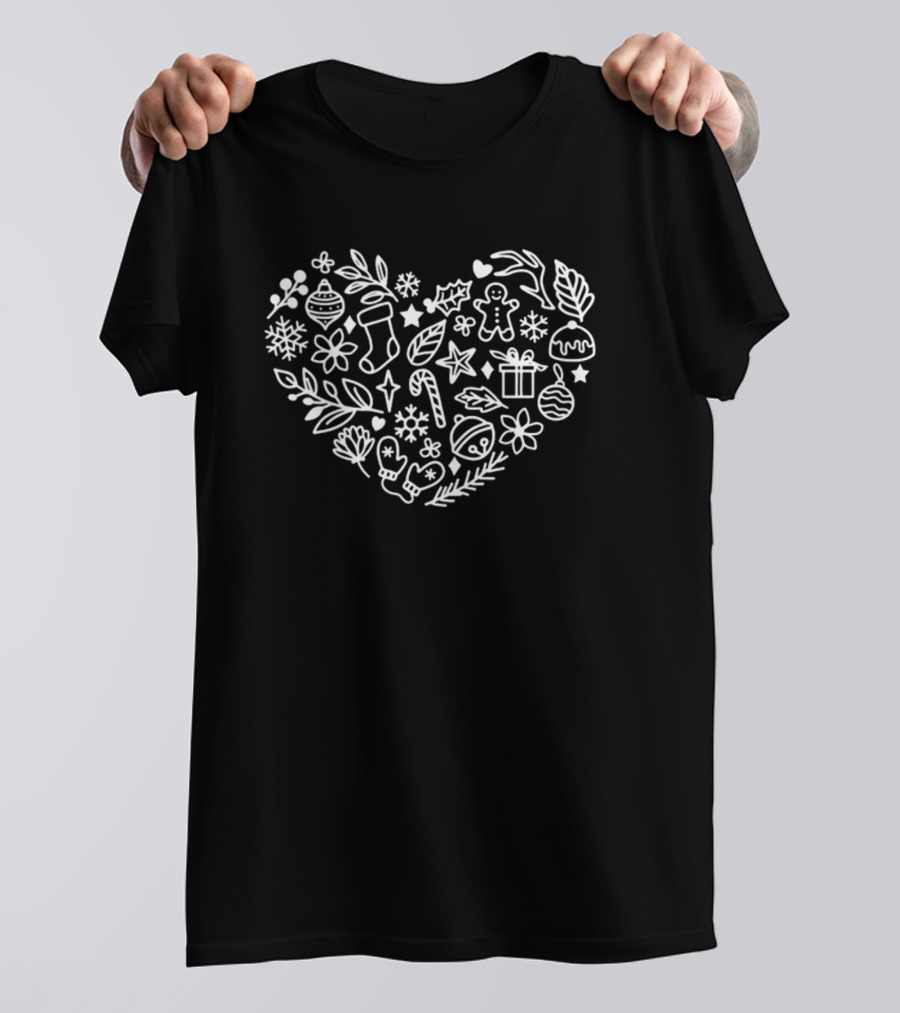 Heart Shaped Christmas Symbols And Motifs Including Stocking, Gingerbread, And Gifts T-Shirt