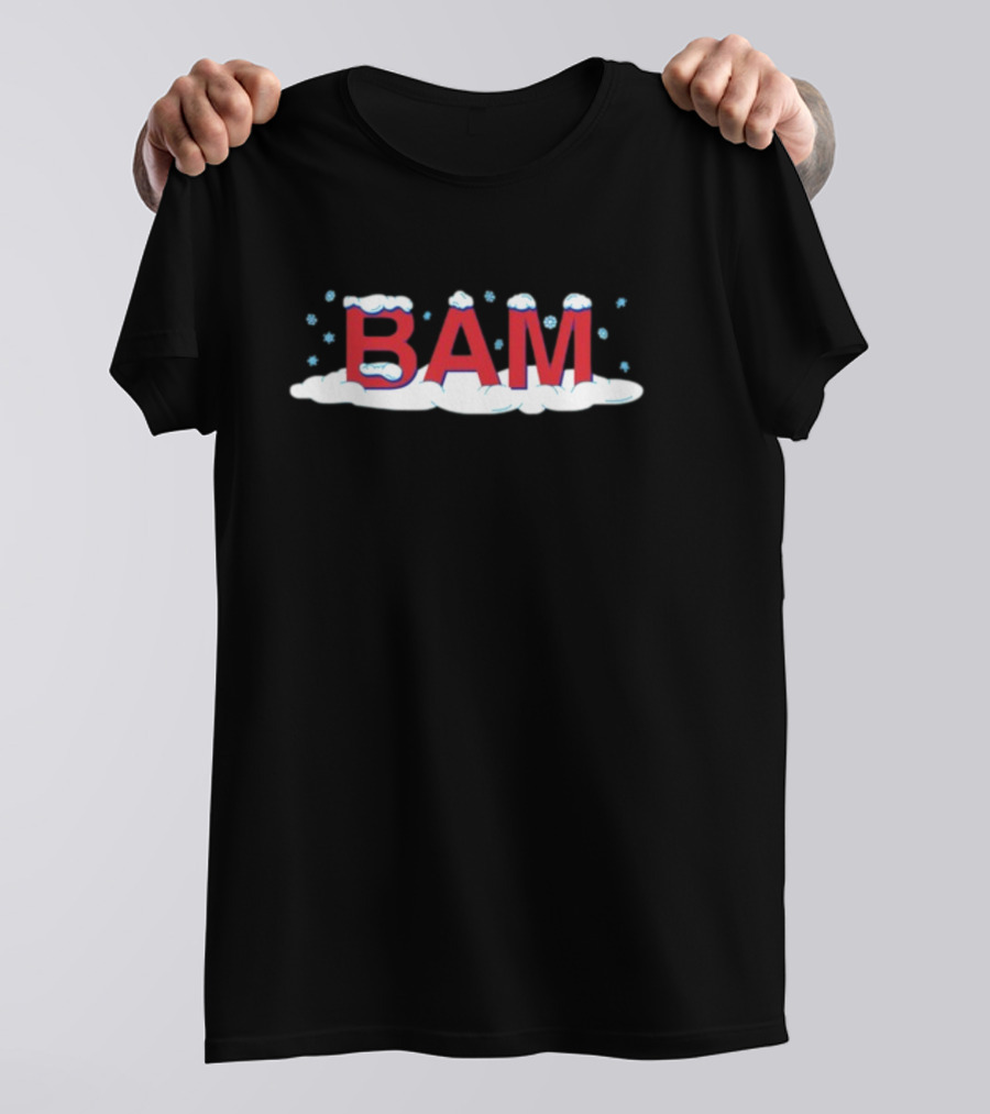 Bam Snow Red Letters With Snowflakes And Clouds T-Shirt