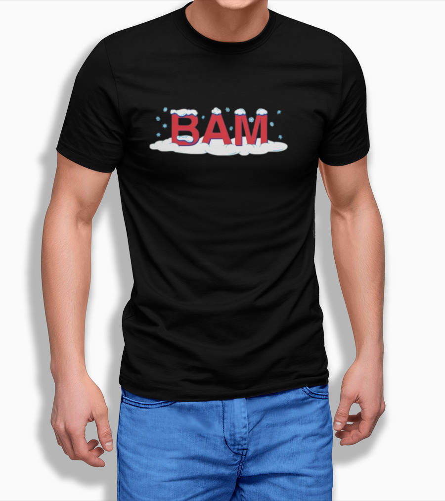 Bam Snow Red Letters With Snowflakes And Clouds T-Shirt