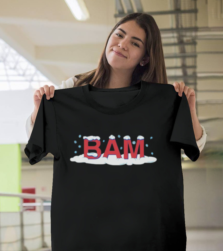 Bam Snow Red Letters With Snowflakes And Clouds T-Shirt