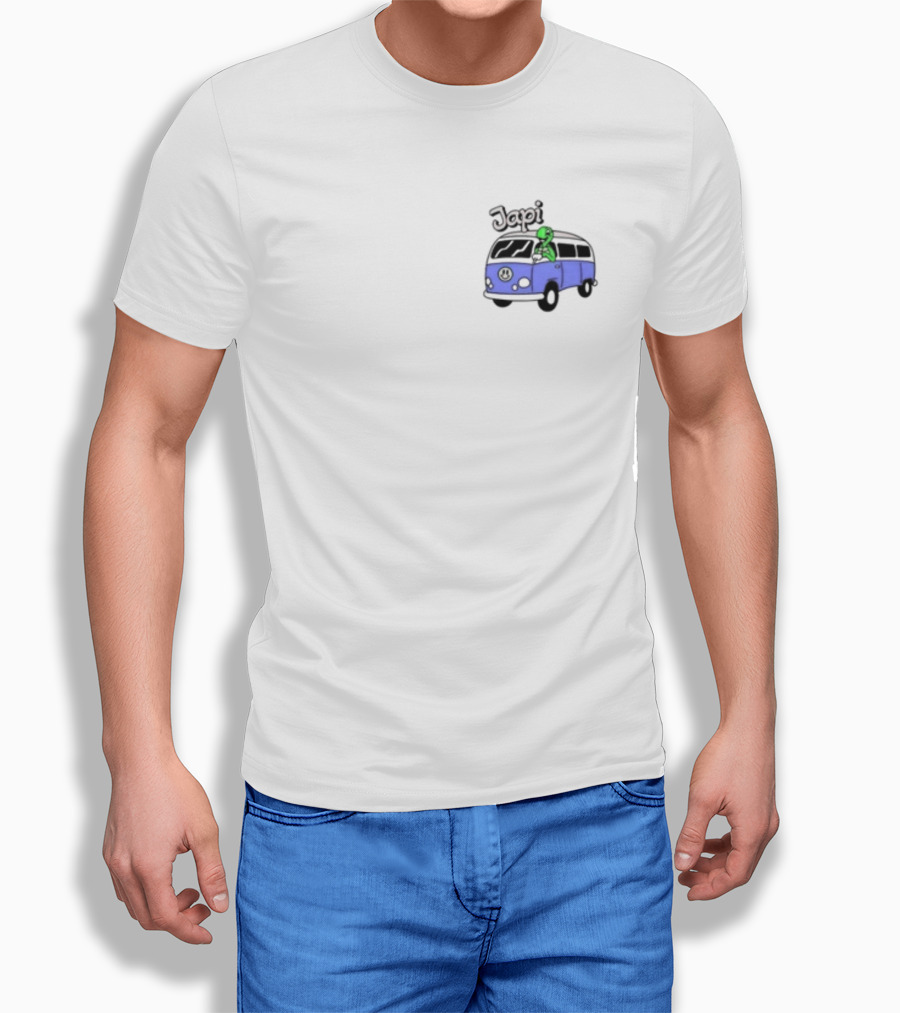 Japi Alien Character Surfer Riding Blue Peace Bus T-Shirt