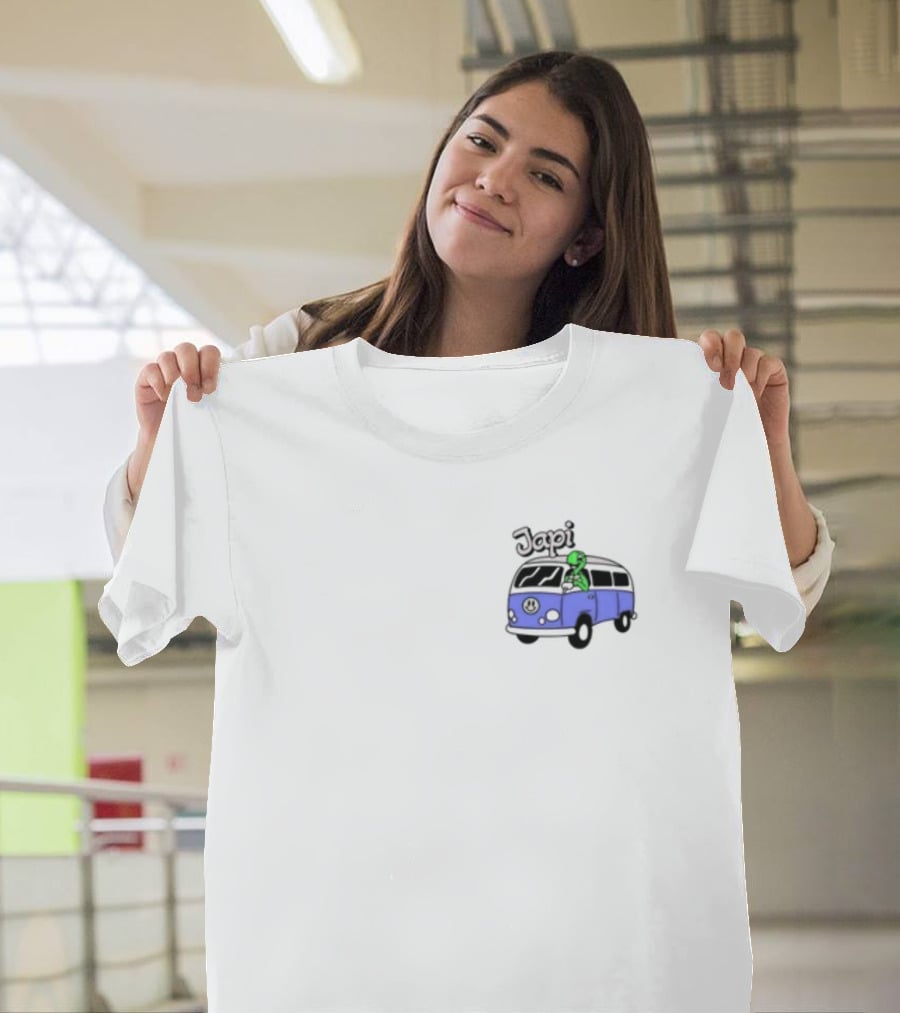 Japi Alien Character Surfer Riding Blue Peace Bus T-Shirt