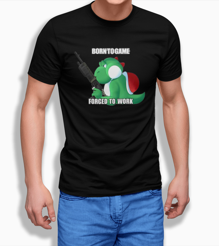 Born To Game Forced To Work Green Dinosaur Headphones Gaming Character T-Shirt