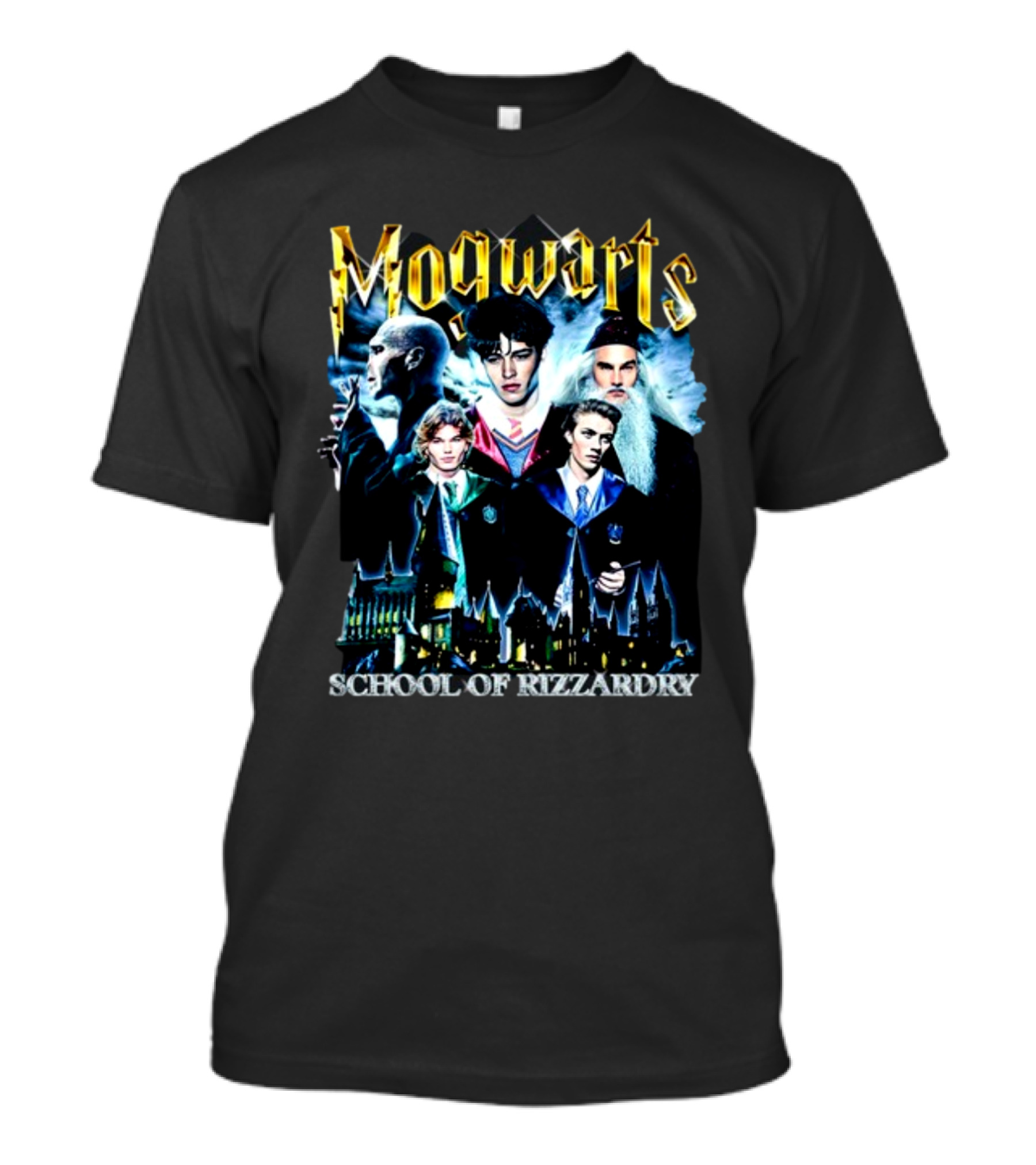 Mogwarts School Of Rizzardry Hogwarts Parody Featuring Iconic Wizard Figures And Castle T-Shirt