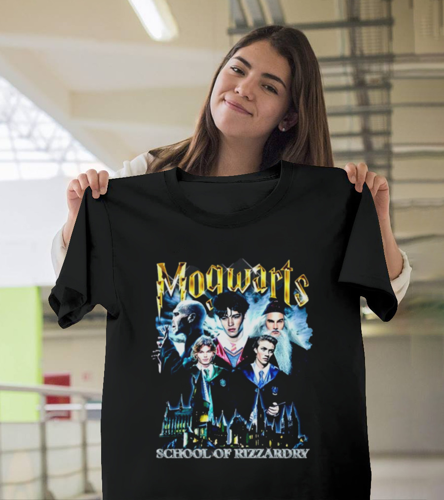 Mogwarts School Of Rizzardry Hogwarts Parody Featuring Iconic Wizard Figures And Castle T-Shirt