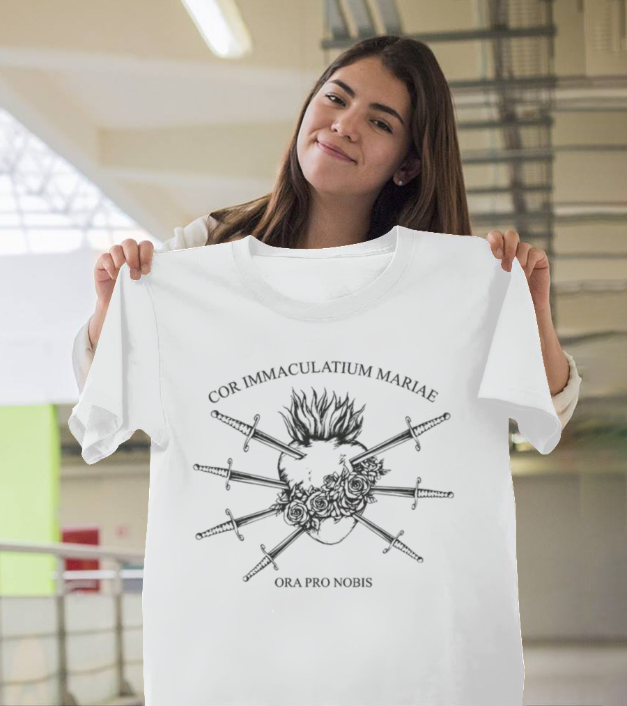 Cor Immaculatum Mariae Ora Pro Nobis Swords And Flaming Heart T-Shirt
