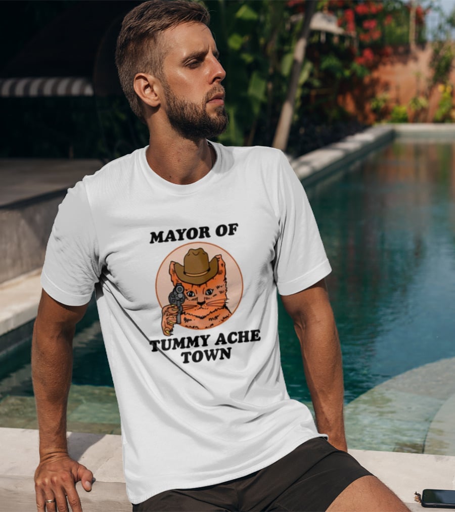 Mayor Of Tummy Ache Town Cat With Cowboy Hat And Gun T-Shirt