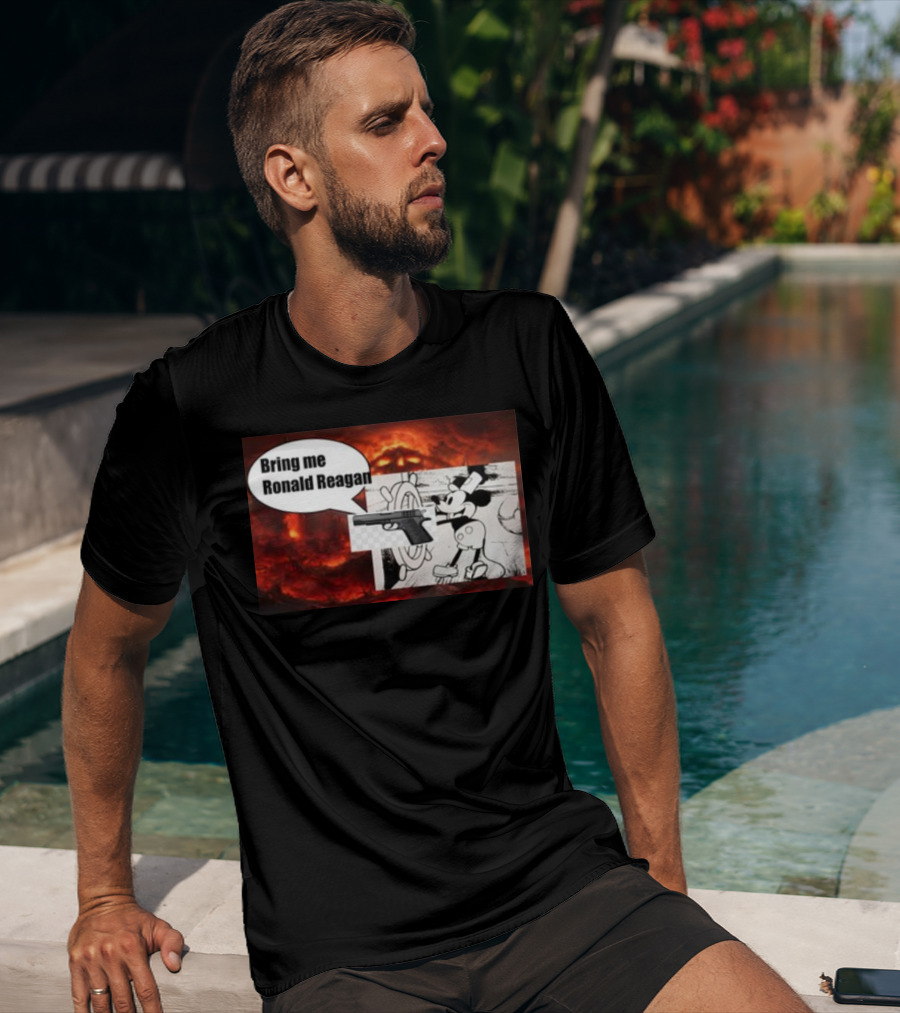 Bring Me Ronald Reagan Cartoon Character And Gun Over Fiery Background T-Shirt