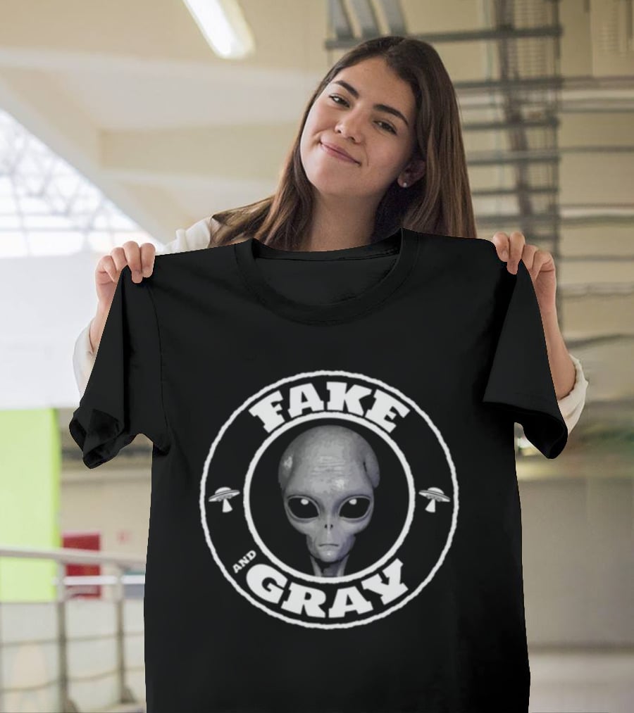 Fake And Gray Alien UFO Badge T-Shirt