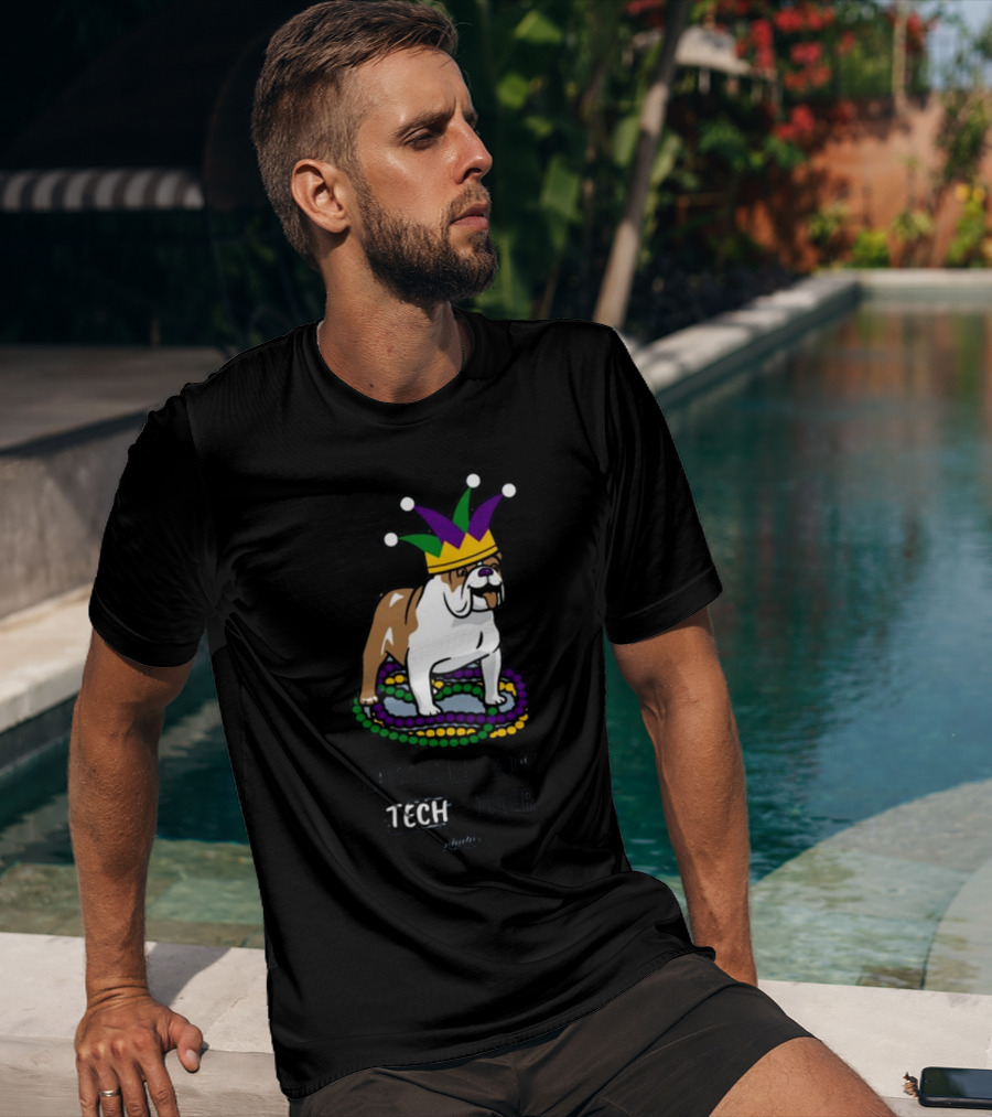 Laissez Les Bons Tech Rouler Bulldog With Mardi Gras Beads And Jester Hat Glitch T-Shirt