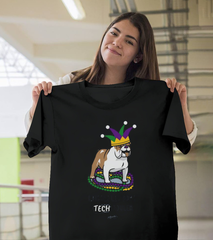Laissez Les Bons Tech Rouler Bulldog With Mardi Gras Beads And Jester Hat Glitch T-Shirt