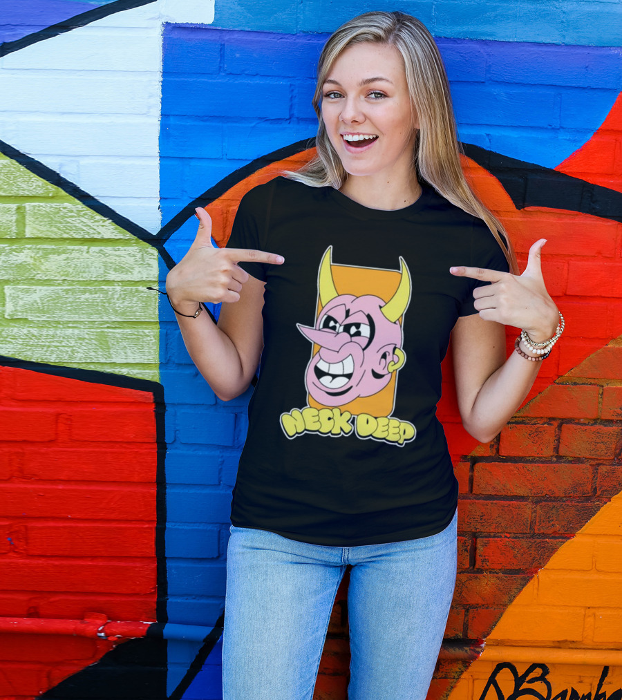 NeckDeepUK Neck Deep Cartoon Devil Face Yellow Horns Pink Head T-Shirt