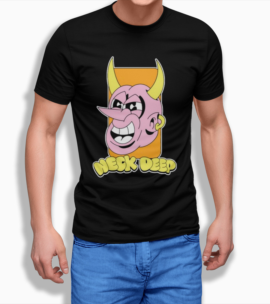 NeckDeepUK Neck Deep Cartoon Devil Face Yellow Horns Pink Head T-Shirt