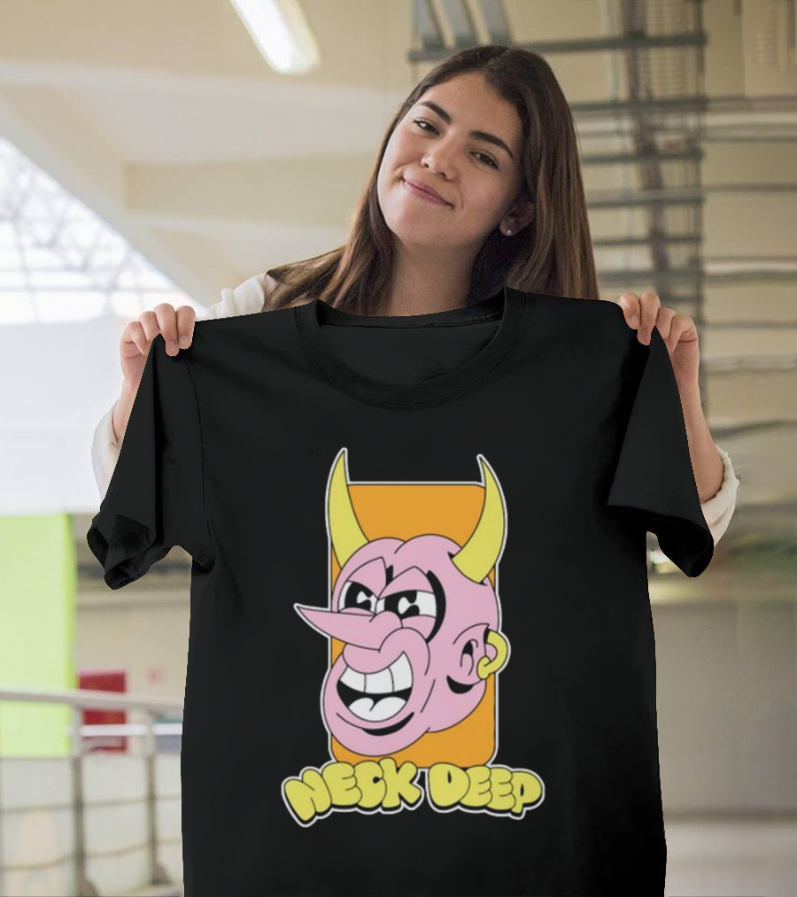 NeckDeepUK Neck Deep Cartoon Devil Face Yellow Horns Pink Head T-Shirt