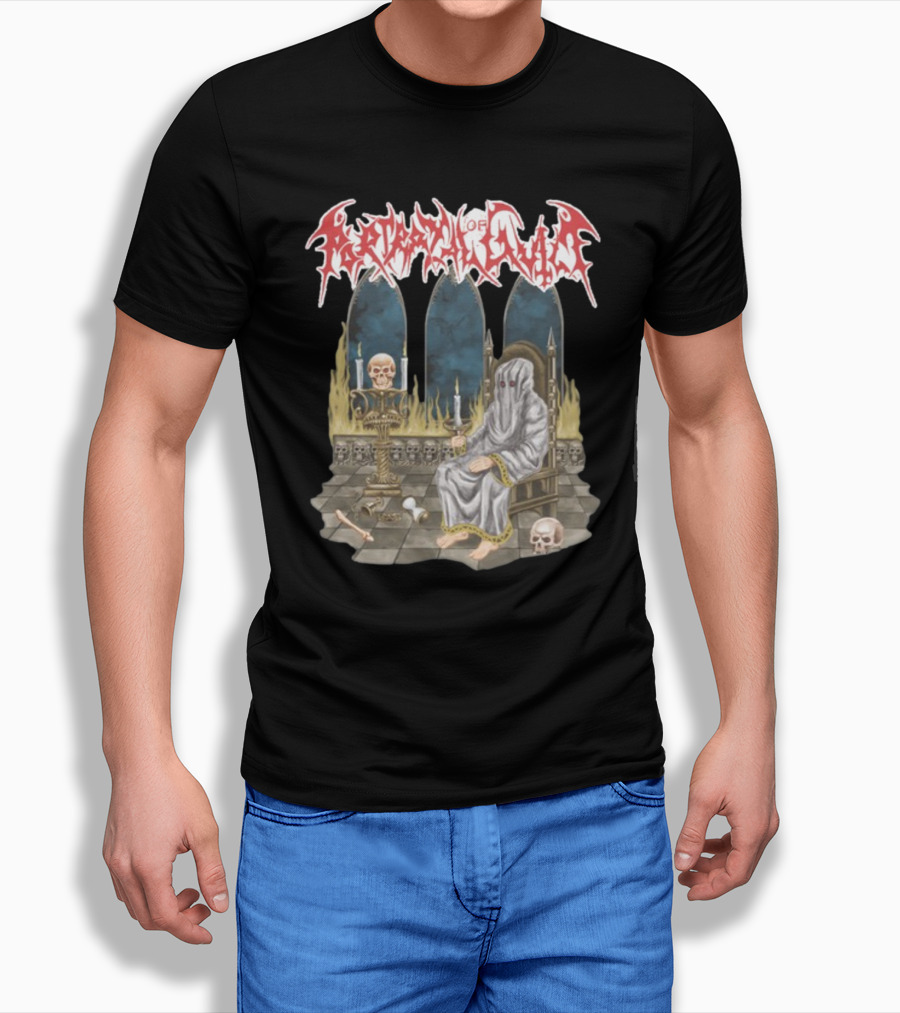 Portrayal Of Guilt Eyedust Cloaked Figure With Skull Throne And Candles T-Shirt