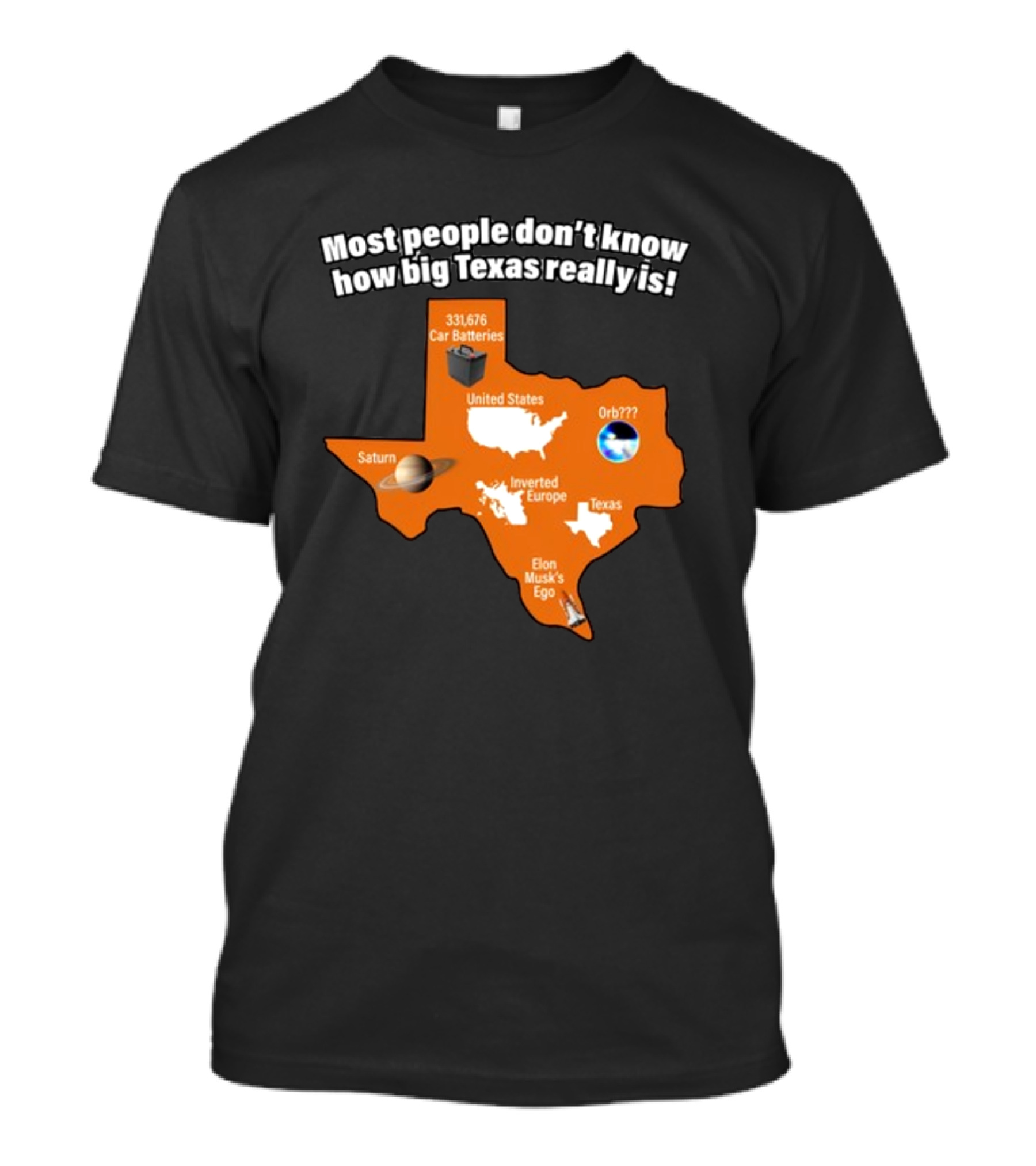 Most People Don't Know How Big Texas Really Is Saturn Car Batteries Elon Musk's Ego Inverted Europe Orb United States T-Shirt
