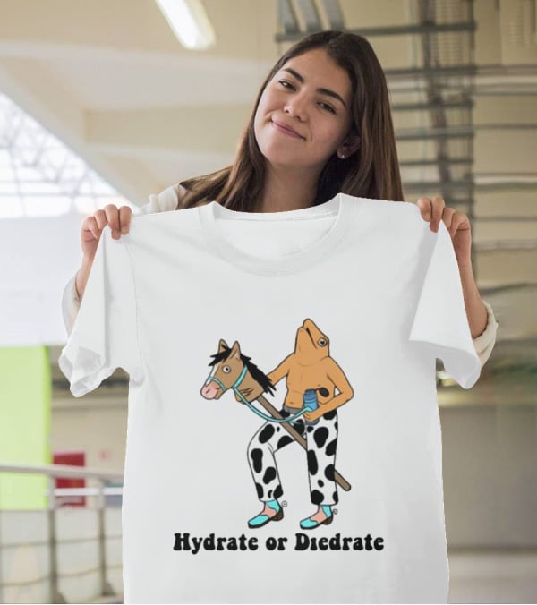 Hydrate Or Diedrate Frog Head On Human Riding Stick Horse With Cow Pants And Water Bottle T-Shirt