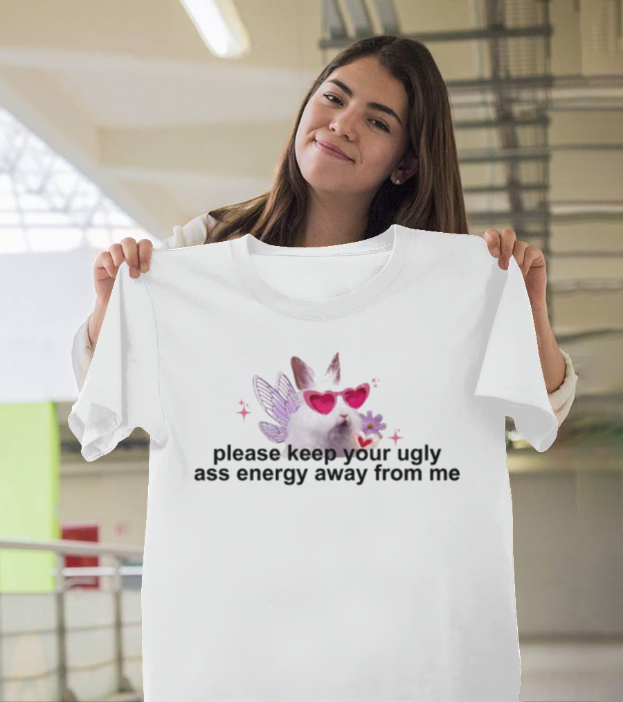 Cherrykitten Please Keep Your Ugly Ass Energy Away From Me Heart Sunglasses Cat With Wings And Flowers T-Shirt
