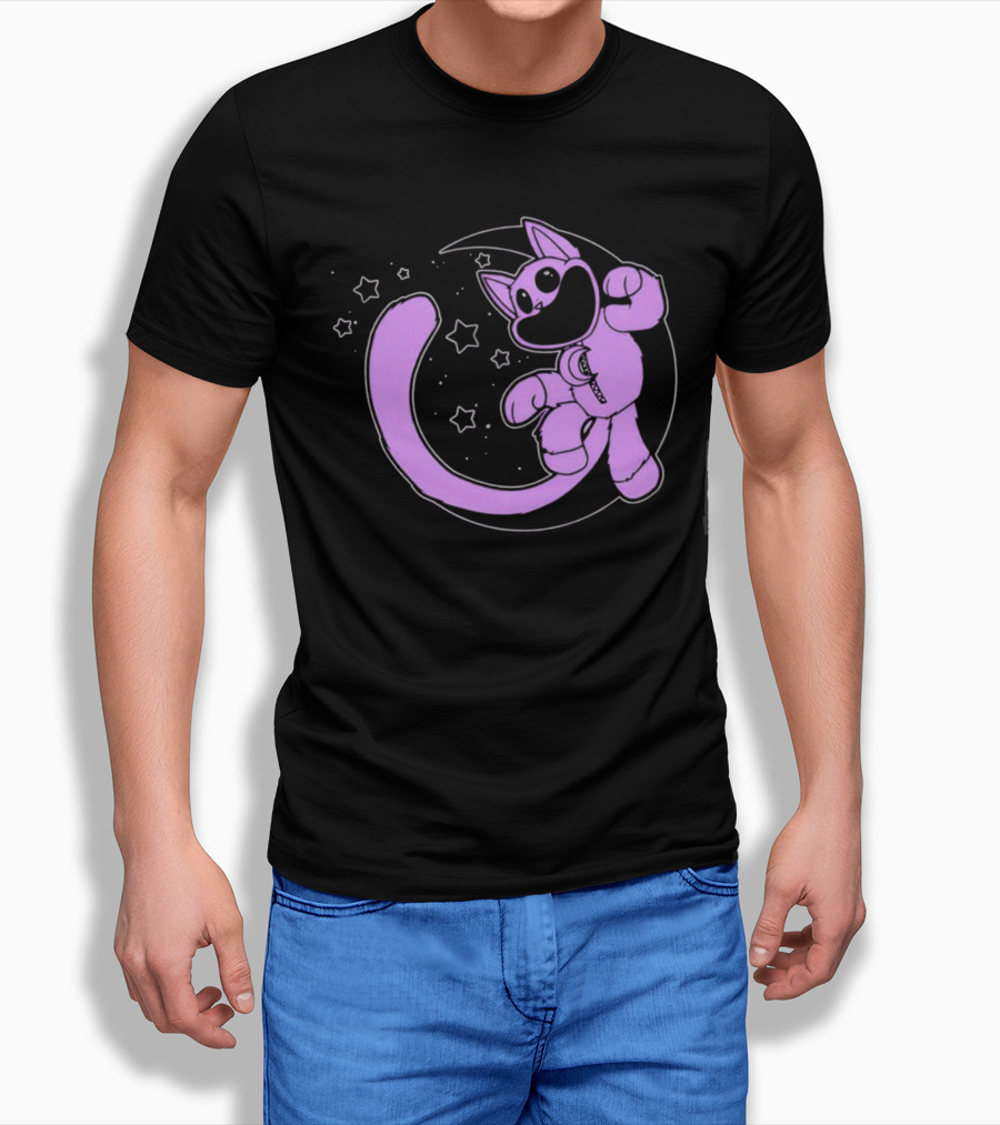 Purple Cartoon Cat With Stars And Moon T-Shirt