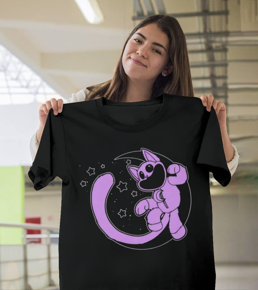 Purple Cartoon Cat With Stars And Moon T-Shirt