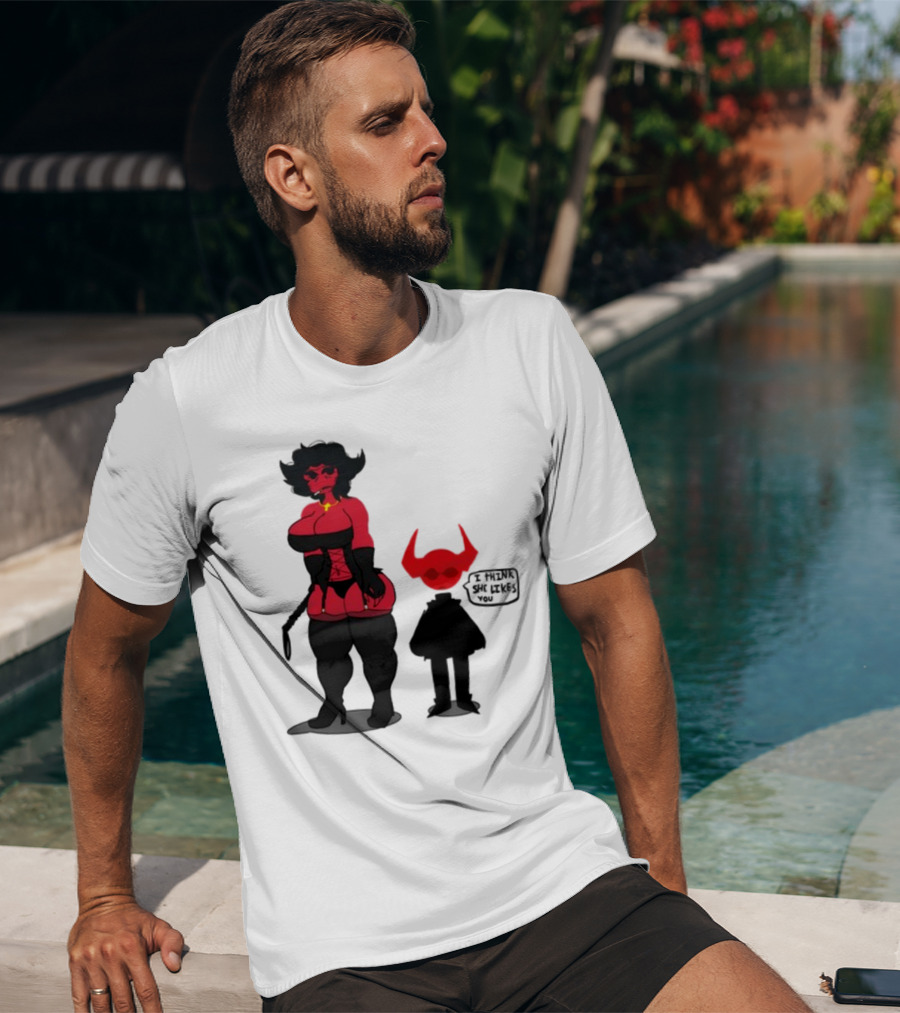 Thewboy Red Character With Devil Horns I Think She Likes You T-Shirt