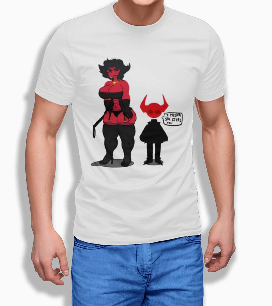 Thewboy Red Character With Devil Horns I Think She Likes You T-Shirt