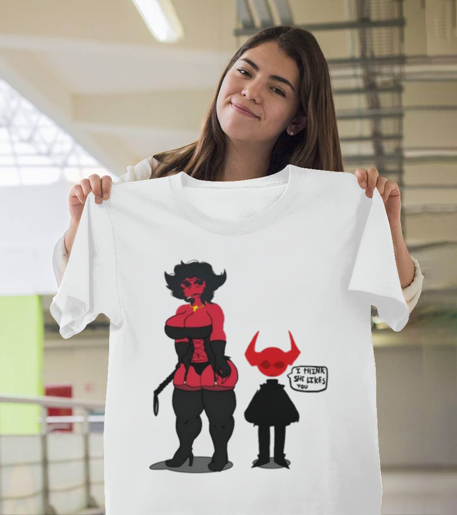 Thewboy Red Character With Devil Horns I Think She Likes You T-Shirt