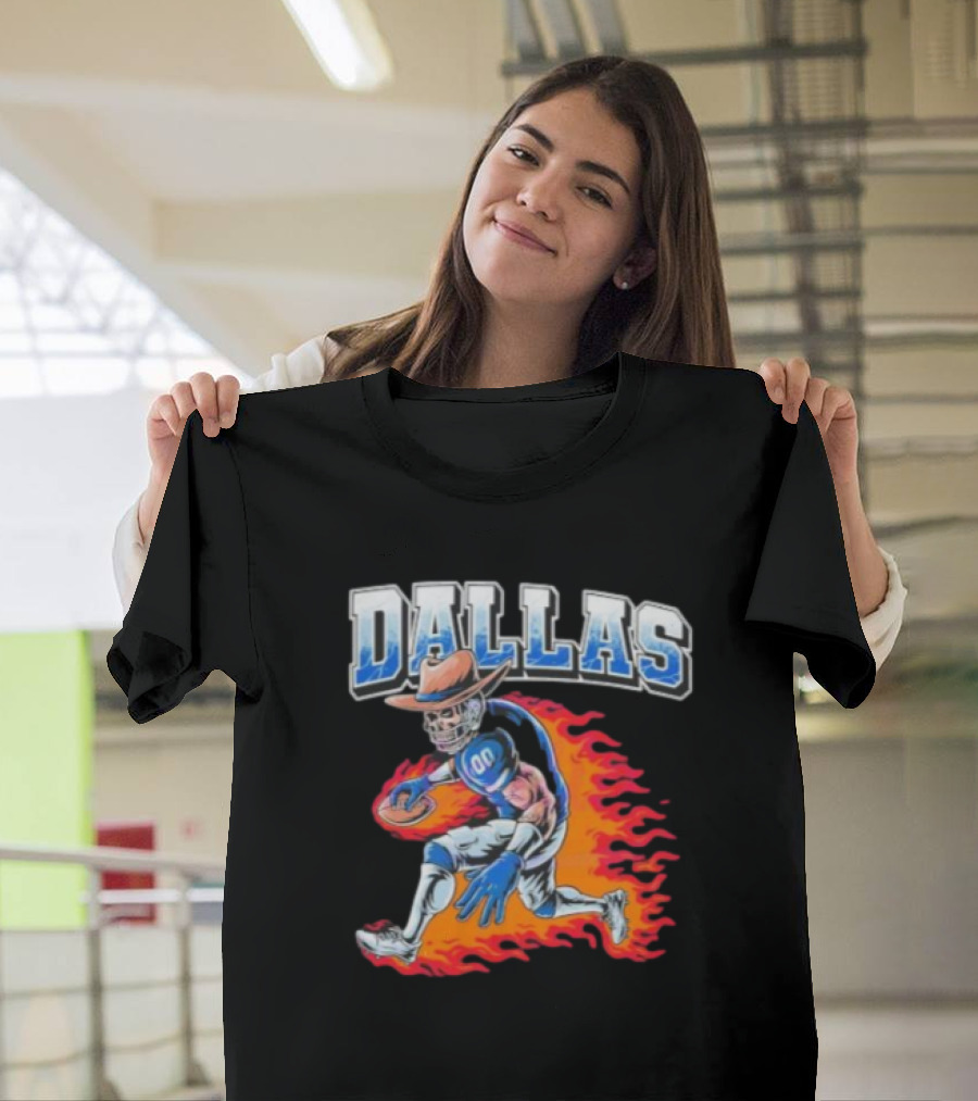 Dallas Cowboy Football Skeleton Player In Flames T-Shirt