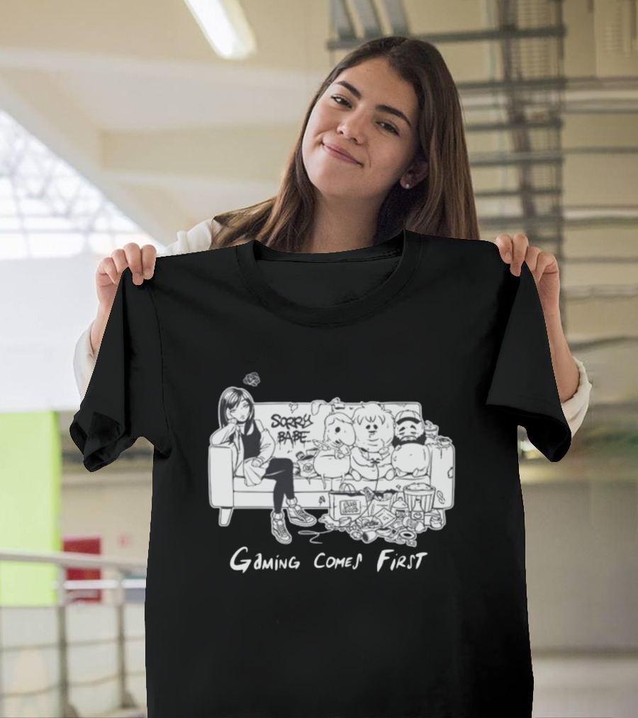 Sorry Babe Gaming Comes First Couch Scene With Characters And Fabs Rich Text T-Shirt