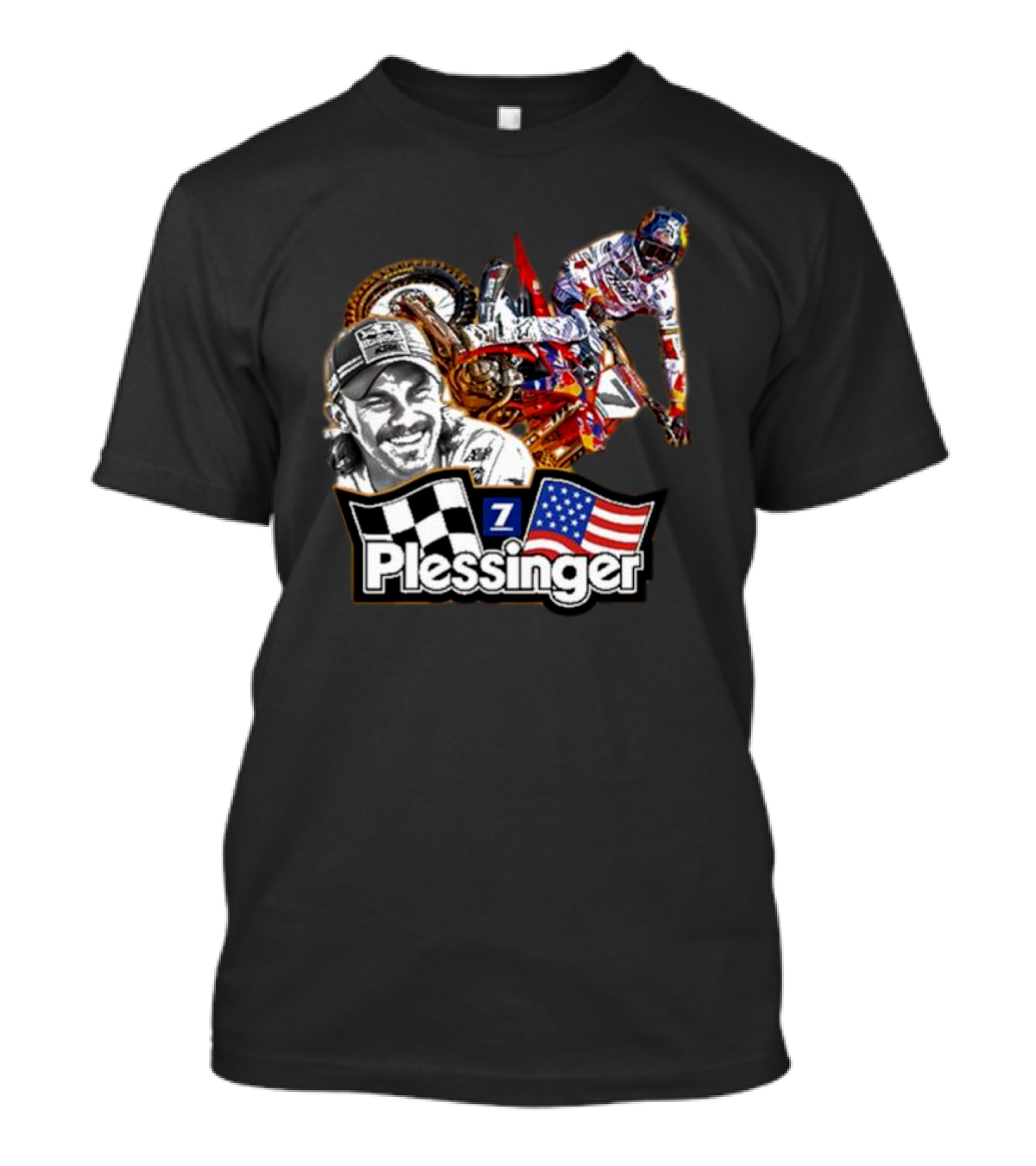 Plessinger American Motocross Racer With Flags And Checkered T-Shirt
