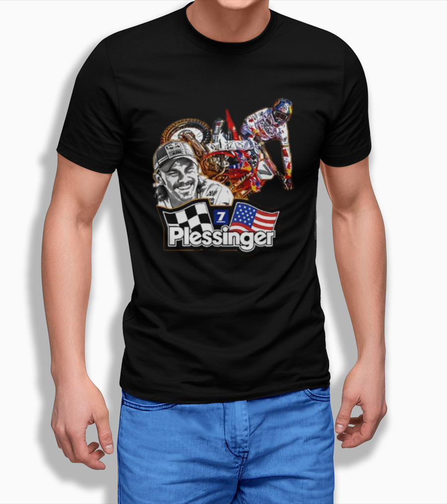 Plessinger American Motocross Racer With Flags And Checkered T-Shirt