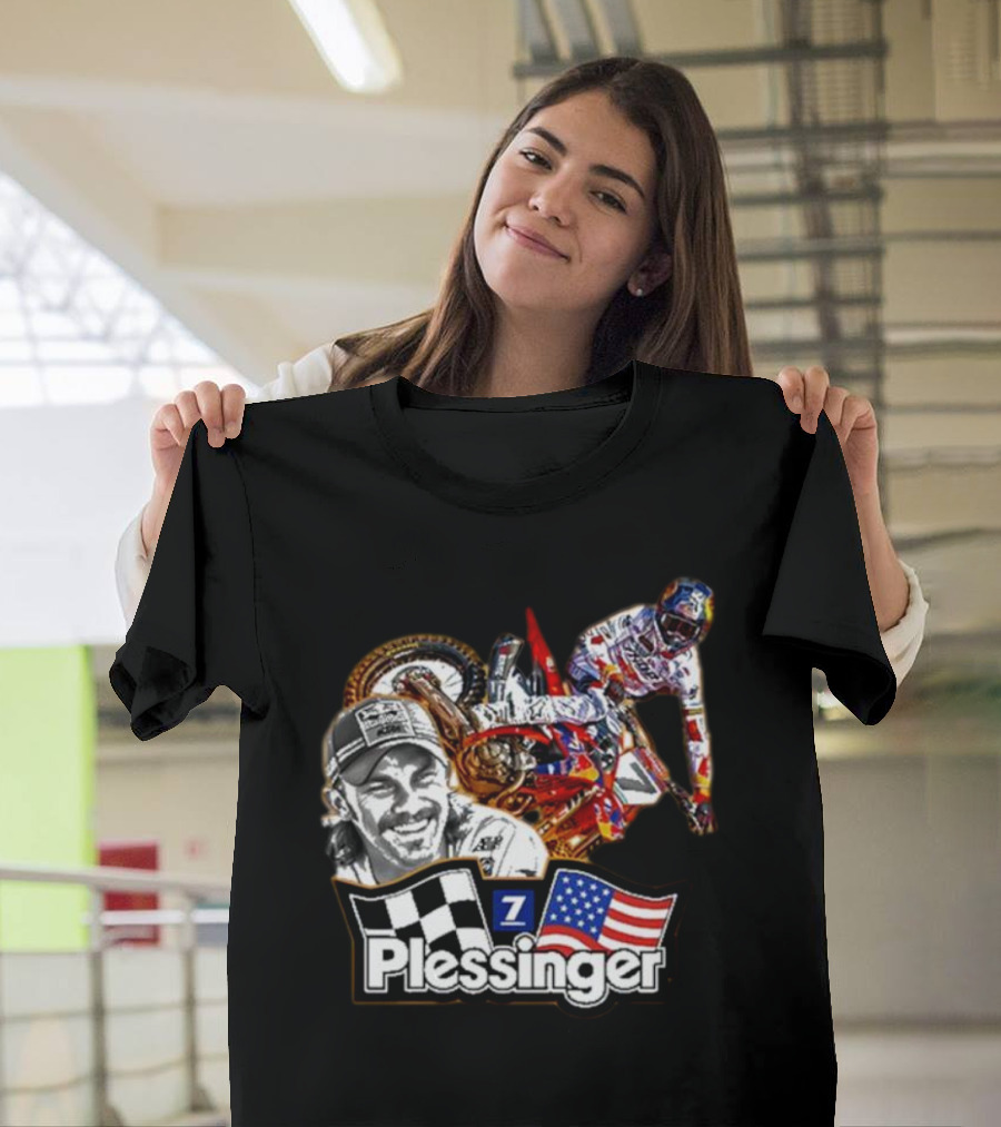 Plessinger American Motocross Racer With Flags And Checkered T-Shirt