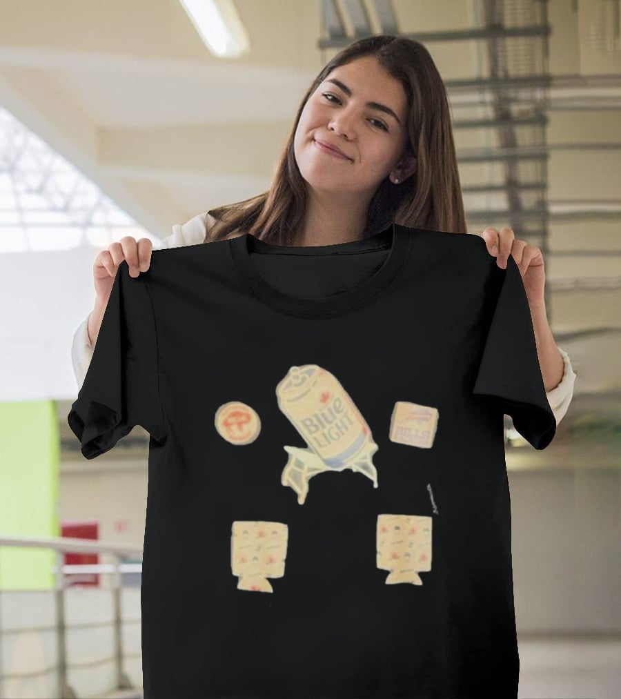 Buffalo Bills Blue Light Beer Can And Logo Elements T-Shirt