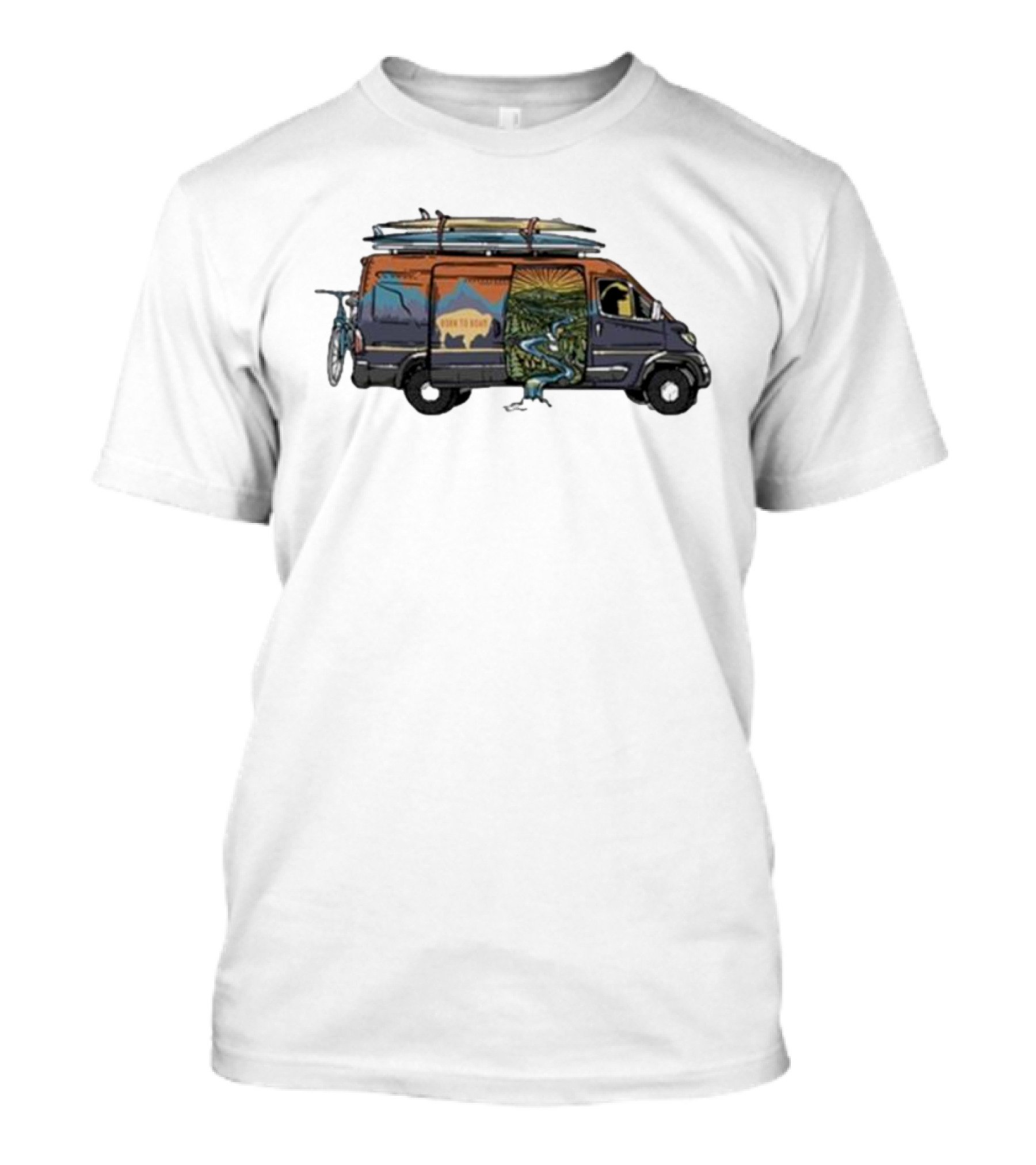 Born To Roam Adventure Camper With Surfboards And Bicycles T-Shirt