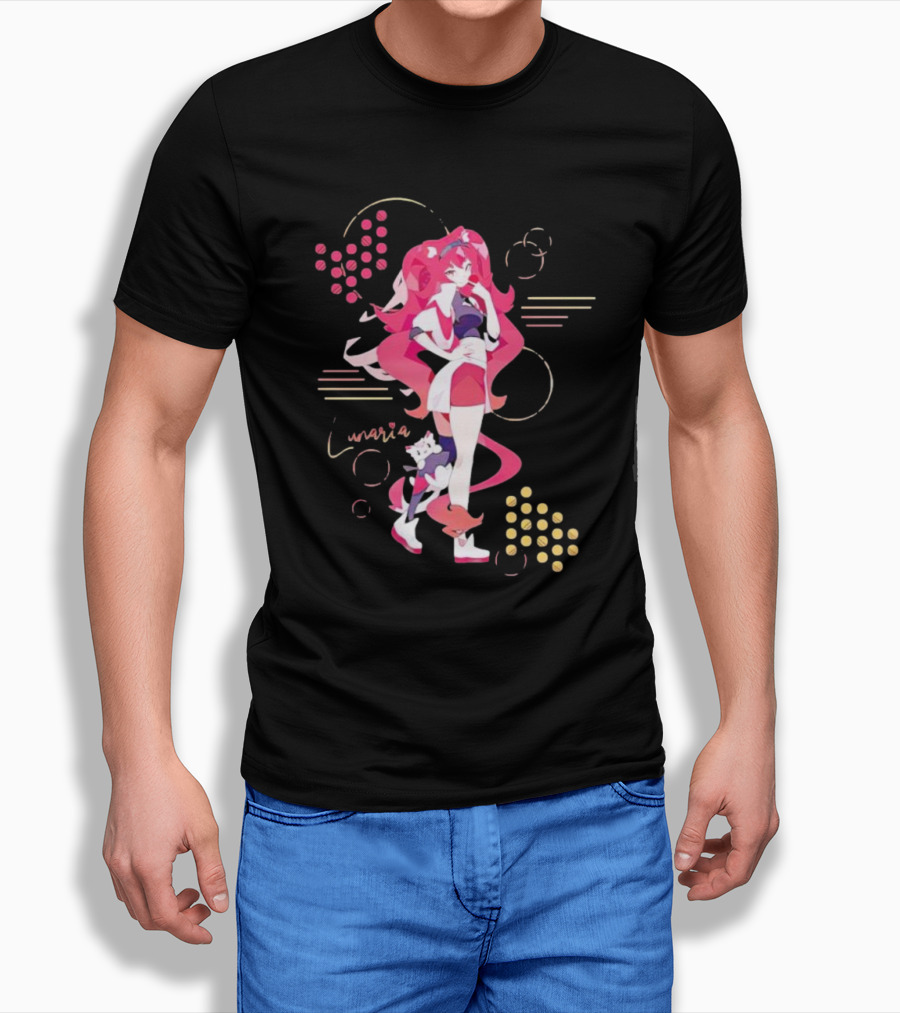 Lunaria Streetwear Pink Hair Girl With Cat And Circles T-Shirt