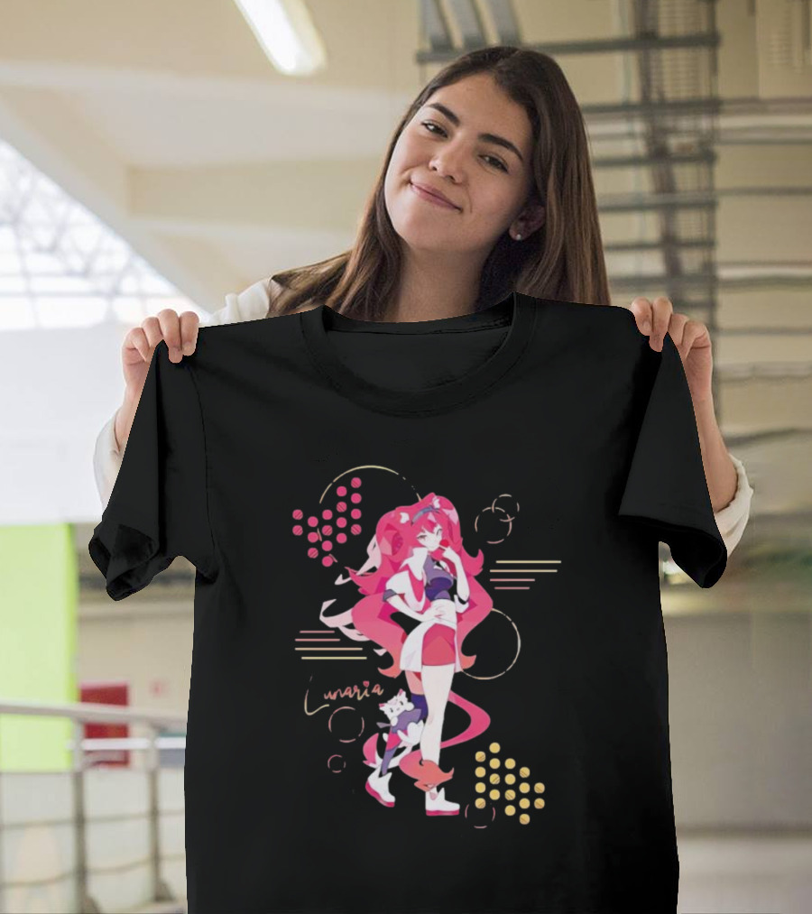 Lunaria Streetwear Pink Hair Girl With Cat And Circles T-Shirt