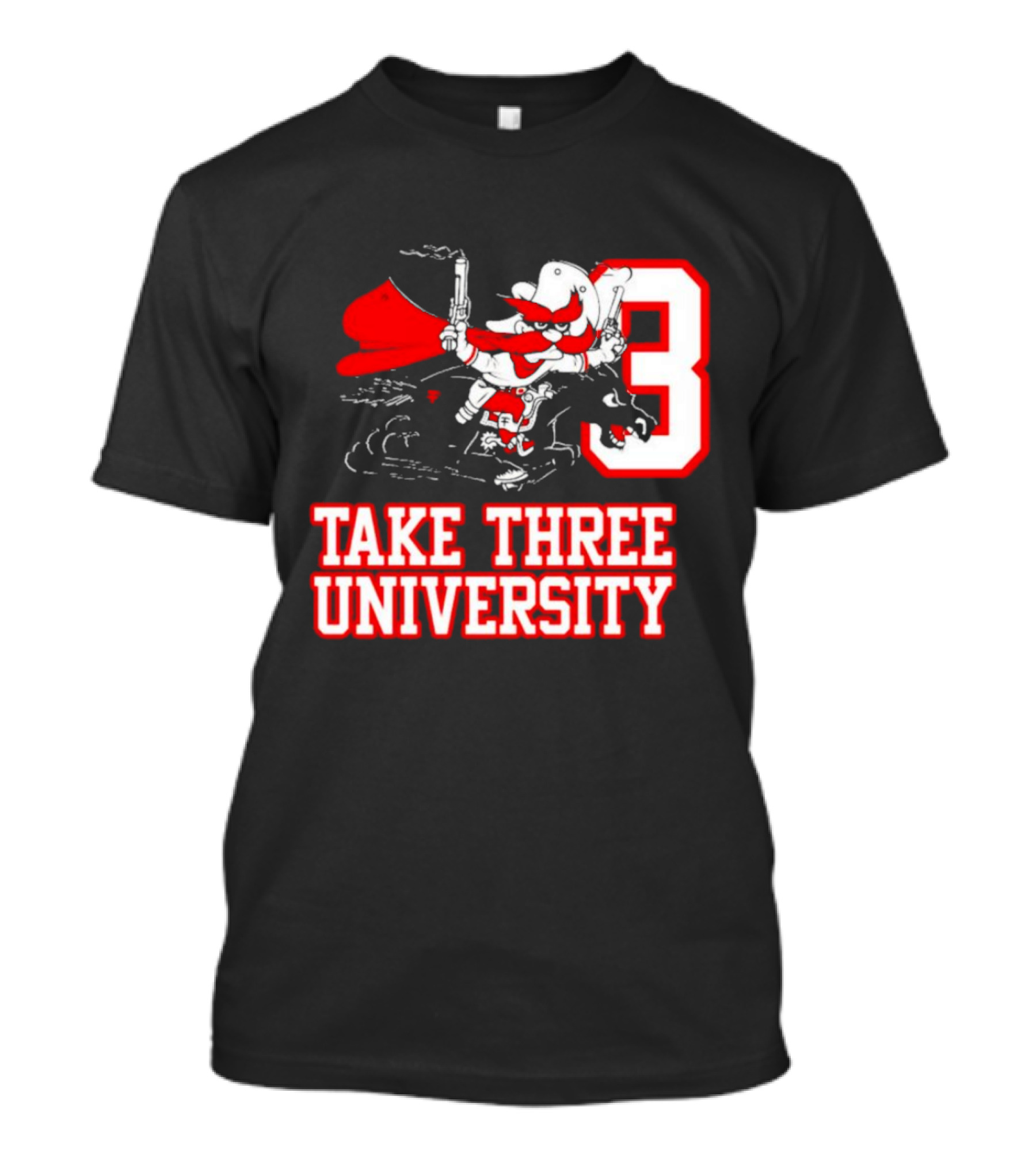 Take Three University Cowboy Mascot With Dual Pistols Number 3 T-Shirt