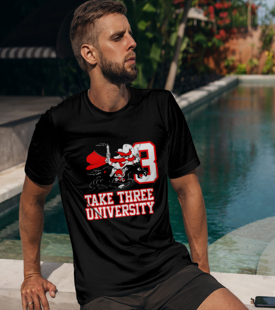 Take Three University Cowboy Mascot With Dual Pistols Number 3 T-Shirt